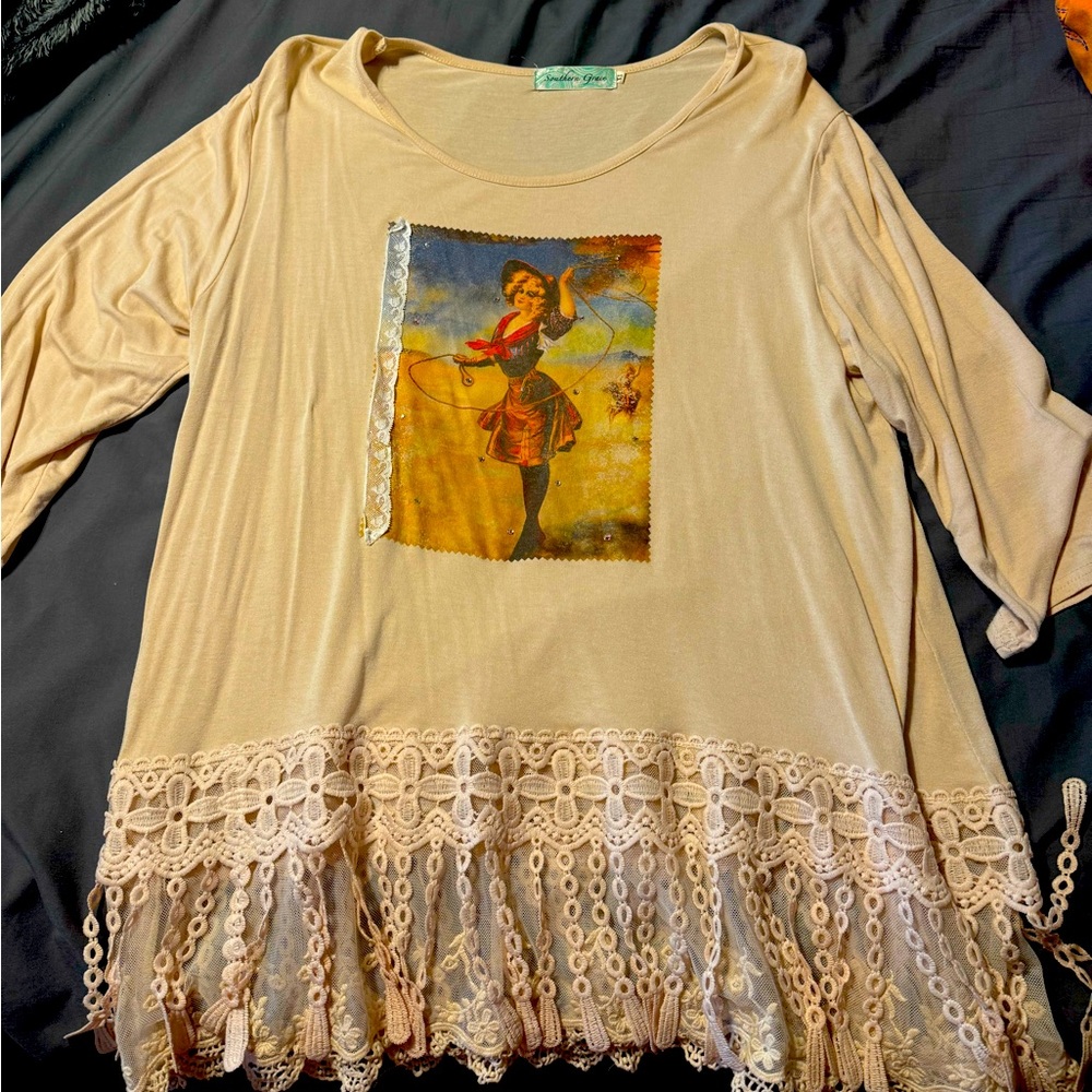 Beige Lace-Hem Graphic Long-Sleeve Blouse